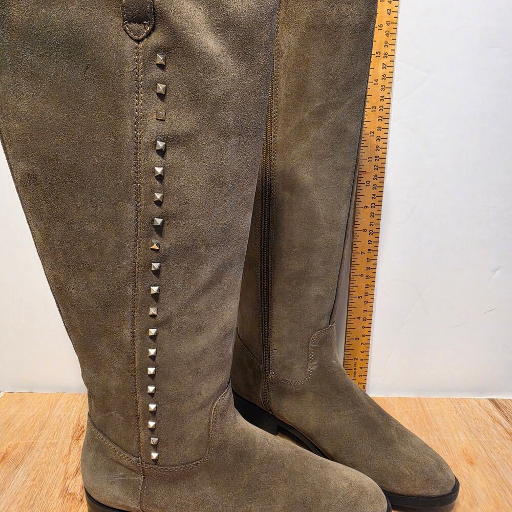 Mark Fisher Taupe Suede Knee-High Boots Secrit Silver Studded Side detail 7W